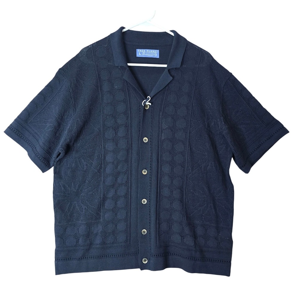 Free Planet Mens Navy Blue Knit Button Down Shirt FV9KE75NAV Large NEW